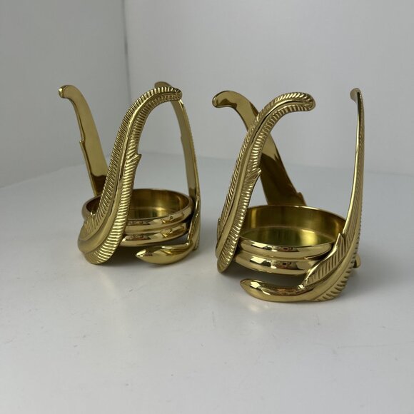 2 Partylite Brass Feather Votive Pillar Candle Holders 5" Tall x 3.75" Vintage - Picture 2 of 6